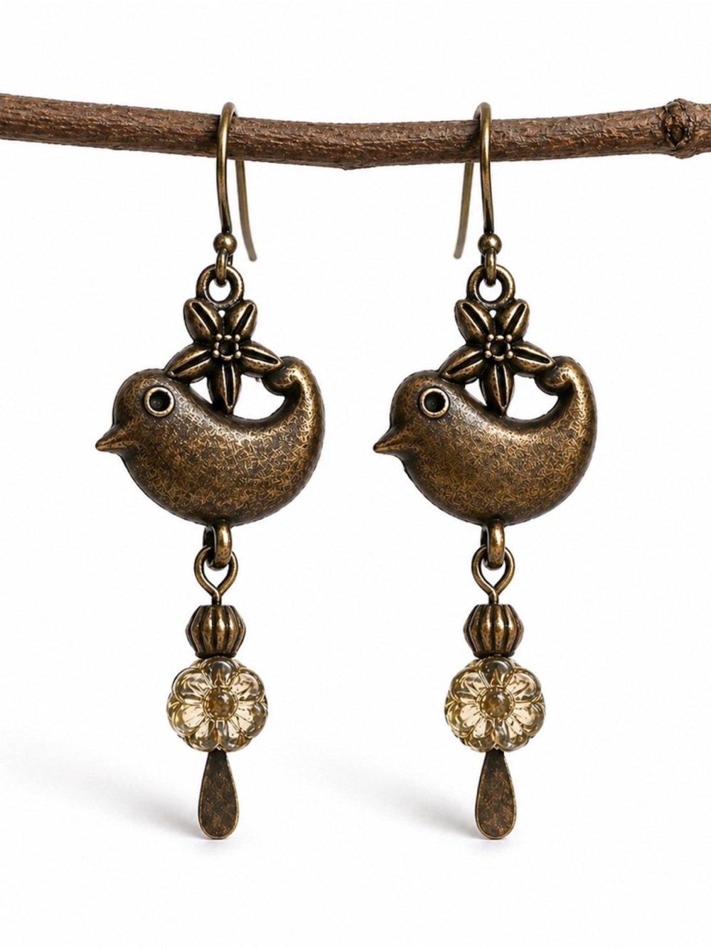 Bird Dangle Earrings Antique Bronze Boho Czech Glass Flower Drop